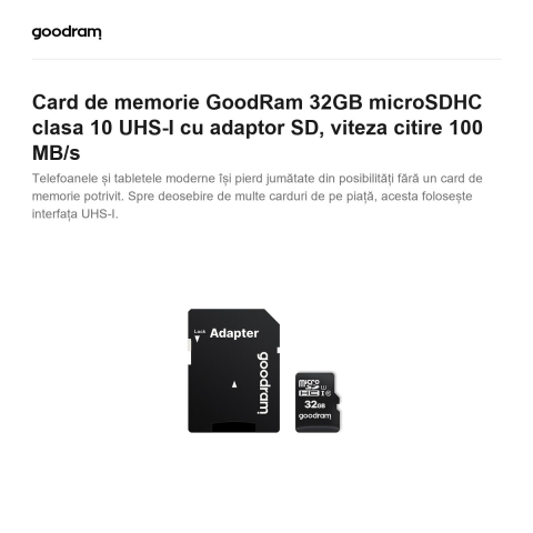 Card de memorie GoodRam 32GB microSDHC clasa 10 UHS-I cu adaptor SD, viteza citire 100 MB/s [1]