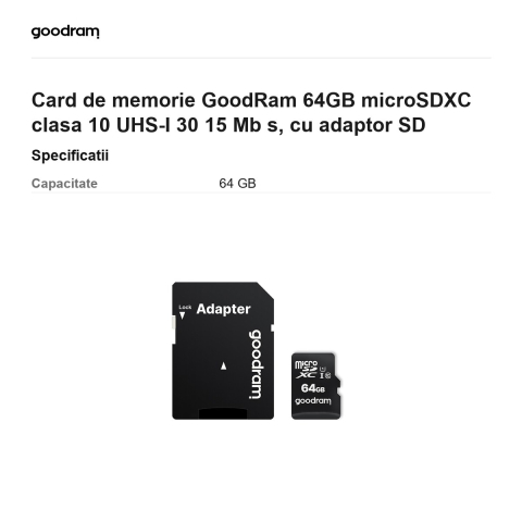 Card de memorie GoodRam 64GB microSDXC clasa 10 UHS-I 30 15 Mb s, cu adaptor SD [2]