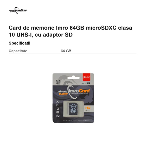 Card de memorie Imro 64GB microSDXC clasa 10 UHS-I, cu adaptor SD [2]