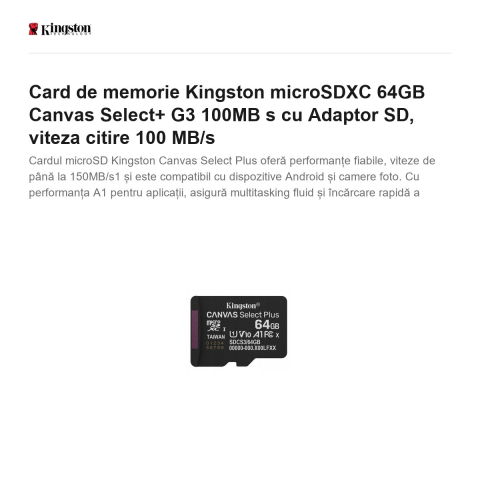 Card de memorie Kingston microSDXC 64GB Canvas Select+ G3 100MB s cu Adaptor SD, viteza citire 100 MB/s [1]