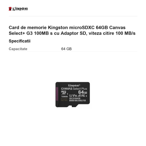 Card de memorie Kingston microSDXC 64GB Canvas Select+ G3 100MB s cu Adaptor SD, viteza citire 100 MB/s [2]
