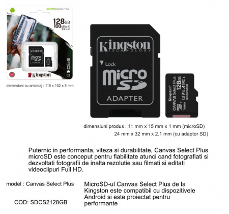 Card de memorie MicroSD Kingston Canvas Select Plus, 128GB, UHS-I, 100MB/s, cu adaptor [3]