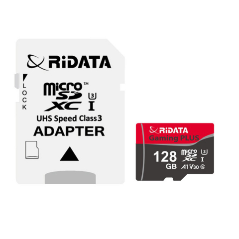 Carduri 128 Gb - Card memorie 128GB microSDXC UHS-I U3 V30 A1, RiDATA Gaming PLUS, cu adaptor SD, clasa 10, 4K