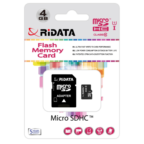 Medii de stocare - Card memorie microSDHC 4GB UHS-I U1 Clasa 10, RiDATA Flash Memory, cu adaptor SD, camera foto, navigatie GPS
