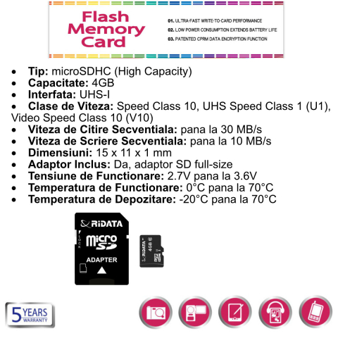 Card memorie microSDHC 4GB UHS-I U1 Clasa 10, RiDATA Flash Memory, cu adaptor SD, camera foto, navigatie GPS [2]