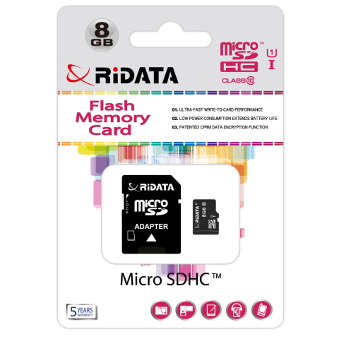 Medii de stocare - Card memorie microSDHC 8GB UHS-I U1 Clasa 10, RiDATA Flash Memory, cu adaptor SD, pentru telefon, camera foto, GPS, inregistrare Full HD