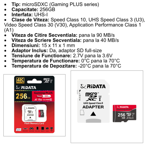 Card memorie microSDXC 256GB UHS-I U3 V30 A1 pentru Gaming, Smartphone, Camera Foto 4K, RiDATA Gaming PLUS, cu adaptor SD [2]