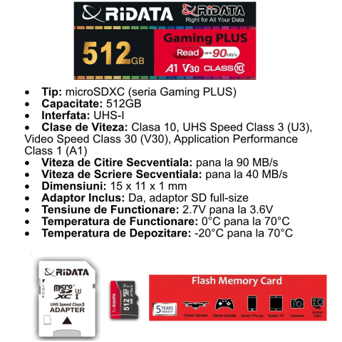 Card memorie microSDXC 512GB UHS-I U3 V30 A1 pentru Gaming, Smartphone, Camera Foto 4K, RiDATA Gaming PLUS, cu adaptor SD [2]