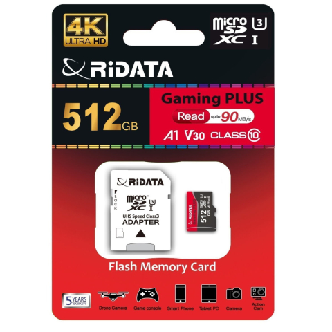 Carduri 512 Gb - Card memorie microSDXC 512GB UHS-I U3 V30 A1 pentru Gaming, Smartphone, Camera Foto 4K, RiDATA Gaming PLUS, cu adaptor SD