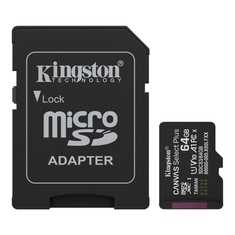 Carduri memorie - Card Memorie microSDXC Kingston Canvas Select Plus 64GB, Clasa A1, U1, V10, cu Adaptor SD, pentru Telefoane Android, Camera Foto si Drona