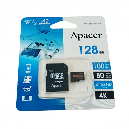 Card microSDXC 128 GB, UHS-I U3, V30, A2, Apacer R100, cu adaptor SD [2]