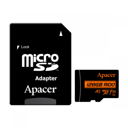 Medii de stocare - Card microSDXC 128 GB, UHS-I U3, V30, A2, Apacer R100, cu adaptor SD