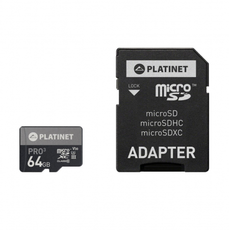 Carduri memorie - Card microSDXC 64 Gb Platinet Pro 43999 cu adaptor SD clasa 10 UIII 90Mb/s