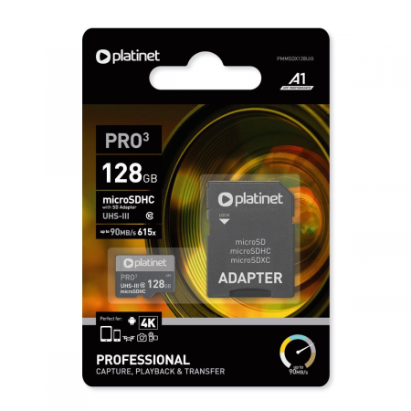 Card microSDXC Platinet 42910, 128GB, clasa 10 UHS-III 90Mb/s 4K, cu adaptor [1]