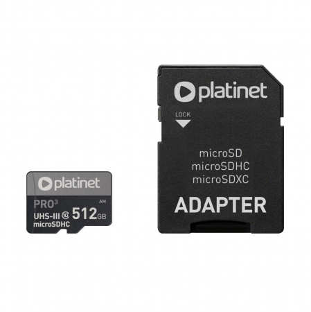 Carduri 512 Gb - Card microSDXC Platinet 45095, 512GB, clasa 10 UHS-III 90Mb/s cu adaptor