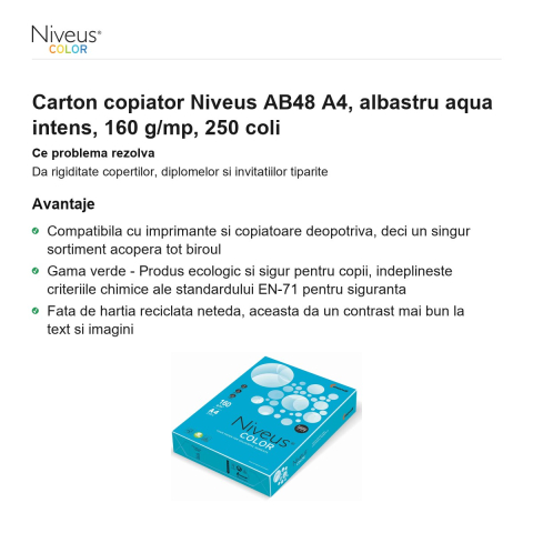 Carton copiator Niveus AB48 A4, albastru aqua intens, 160 g/mp, 250 coli [1]