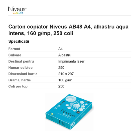 Carton copiator Niveus AB48 A4, albastru aqua intens, 160 g/mp, 250 coli [2]