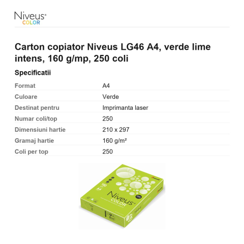 Carton copiator Niveus LG46 A4, verde lime intens, 160 g/mp, 250 coli [2]
