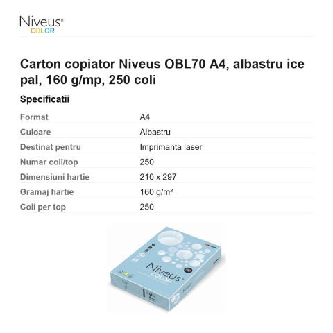Carton copiator Niveus OBL70 A4, albastru ice pal, 160 g/mp, 250 coli [2]