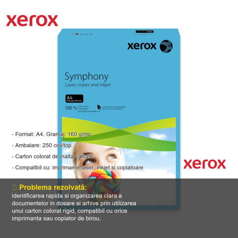 Carton copiator Xerox Symphony A4, albastru intens, 160 g/mp, pentru imprimante si copiatoare, top 250 coli [1]