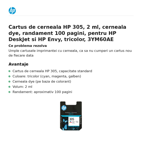 Cartus de cerneala HP 305, 2 ml, cerneala dye, randament 100 pagini, pentru HP DeskJet si HP Envy, tricolor, 3YM60AE [1]