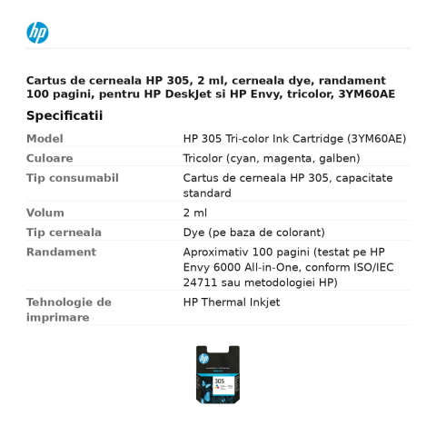 Cartus de cerneala HP 305, 2 ml, cerneala dye, randament 100 pagini, pentru HP DeskJet si HP Envy, tricolor, 3YM60AE [2]