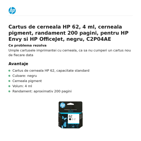 Cartus de cerneala HP 62, 4 ml, cerneala pigment, randament 200 pagini, pentru HP Envy si HP OfficeJet, negru, C2P04AE [1]