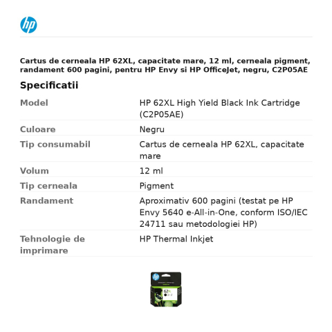 Cartus de cerneala HP 62XL, capacitate mare, 12 ml, cerneala pigment, randament 600 pagini, pentru HP Envy si HP OfficeJet, negru, C2P05AE [2]