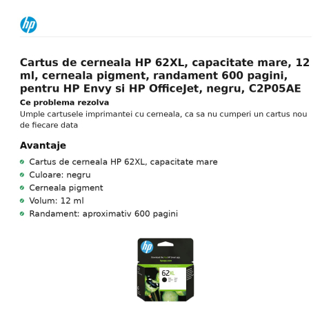 Cartus de cerneala HP 62XL, capacitate mare, 12 ml, cerneala pigment, randament 600 pagini, pentru HP Envy si HP OfficeJet, negru, C2P05AE [1]