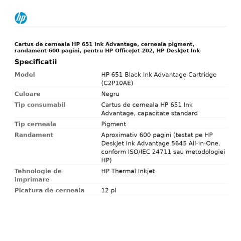 Cartus de cerneala HP 651 Ink Advantage, cerneala pigment, randament 600 pagini, pentru HP OfficeJet 202, HP DeskJet Ink Advantage 5575, 5645, negru, C2P10AE [2]