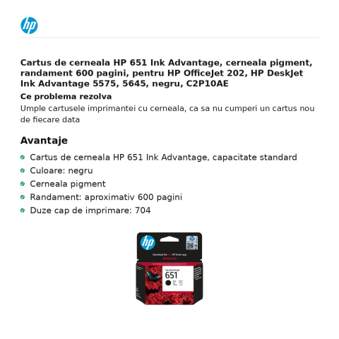 Cartus de cerneala HP 651 Ink Advantage, cerneala pigment, randament 600 pagini, pentru HP OfficeJet 202, HP DeskJet Ink Advantage 5575, 5645, negru, C2P10AE [1]