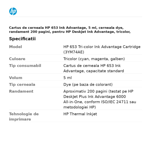 Cartus de cerneala HP 653 Ink Advantage, 5 ml, cerneala dye, randament 200 pagini, pentru HP DeskJet Ink Advantage, tricolor, 3YM74AE [2]