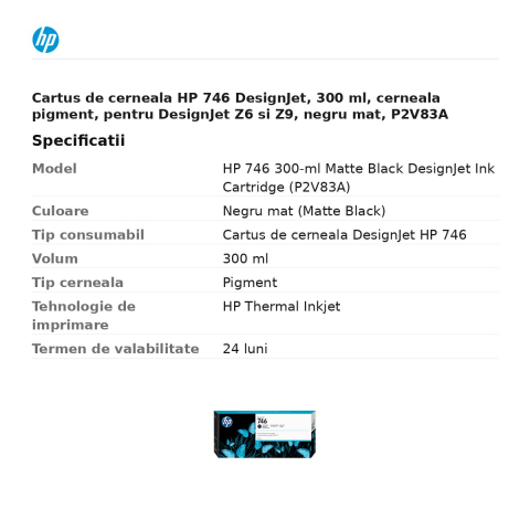 Cartus de cerneala HP 746 DesignJet, 300 ml, cerneala pigment, pentru DesignJet Z6 si Z9, negru mat, P2V83A [2]