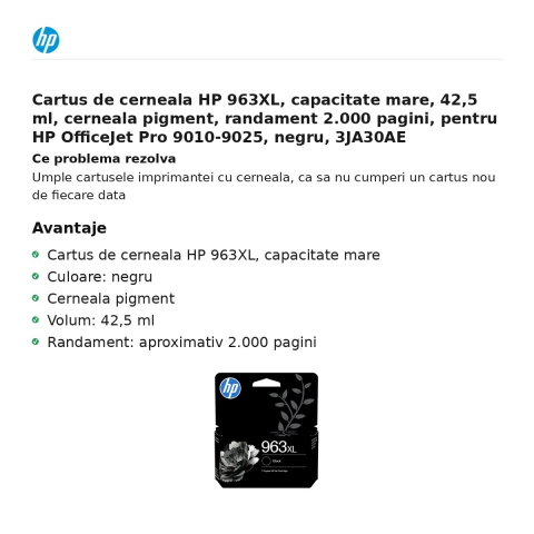 Cartus de cerneala HP 963XL, capacitate mare, 42,5 ml, cerneala pigment, randament 2.000 pagini, pentru HP OfficeJet Pro 9010-9025, negru, 3JA30AE [1]