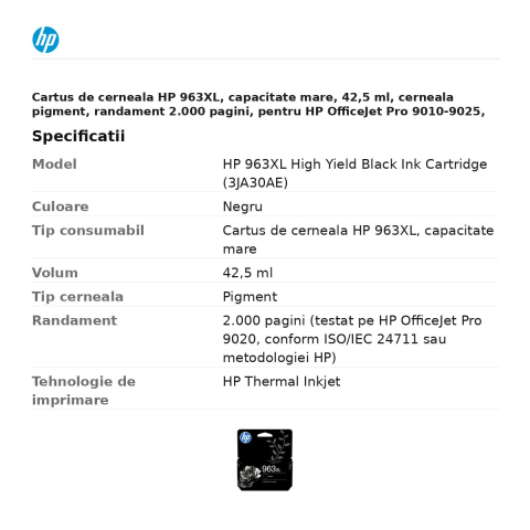 Cartus de cerneala HP 963XL, capacitate mare, 42,5 ml, cerneala pigment, randament 2.000 pagini, pentru HP OfficeJet Pro 9010-9025, negru, 3JA30AE [2]