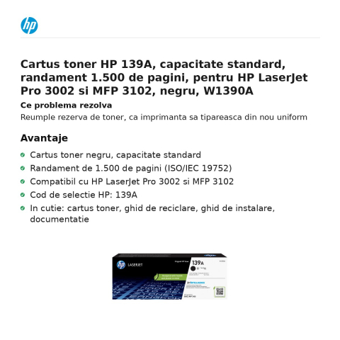 Cartus toner HP 139A, capacitate standard, randament 1.500 de pagini, pentru HP LaserJet Pro 3002 si MFP 3102, negru, W1390A [1]
