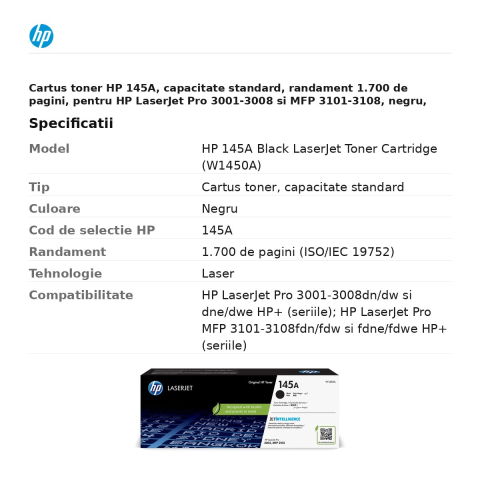 Cartus toner HP 145A, capacitate standard, randament 1.700 de pagini, pentru HP LaserJet Pro 3001-3008 si MFP 3101-3108, negru, W1450A [2]