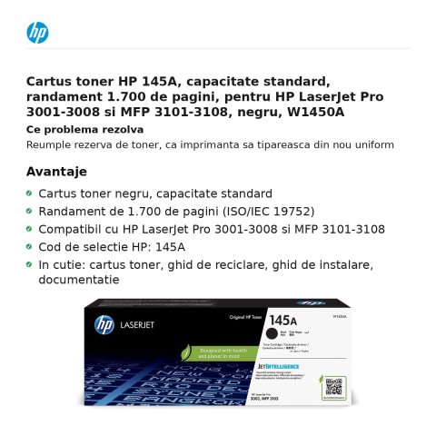 Cartus toner HP 145A, capacitate standard, randament 1.700 de pagini, pentru HP LaserJet Pro 3001-3008 si MFP 3101-3108, negru, W1450A [1]