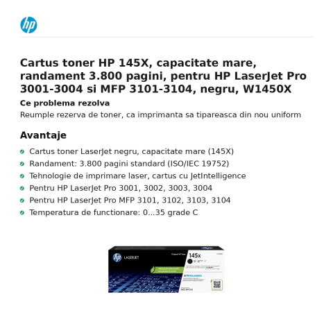 Cartus toner HP 145X, capacitate mare, randament 3.800 pagini, pentru HP LaserJet Pro 3001-3004 si MFP 3101-3104, negru, W1450X [1]