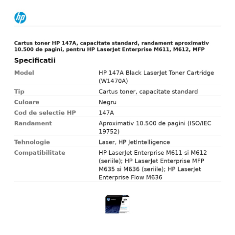 Cartus toner HP 147A, capacitate standard, randament aproximativ 10.500 de pagini, pentru HP LaserJet Enterprise M611, M612, MFP M635, M636, negru, W1470A [2]
