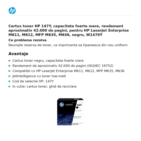 Cartus toner HP 147Y, capacitate foarte mare, randament aproximativ 42.000 de pagini, pentru HP LaserJet Enterprise M611, M612, MFP M635, M636, negru, W1470Y [1]