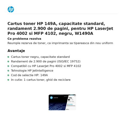Cartus toner HP 149A, capacitate standard, randament 2.900 de pagini, pentru HP LaserJet Pro 4002 si MFP 4102, negru, W1490A [1]