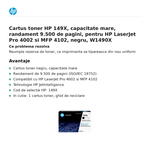 Cartus toner HP 149X, capacitate mare, randament 9.500 de pagini, pentru HP LaserJet Pro 4002 si MFP 4102, negru, W1490X [1]