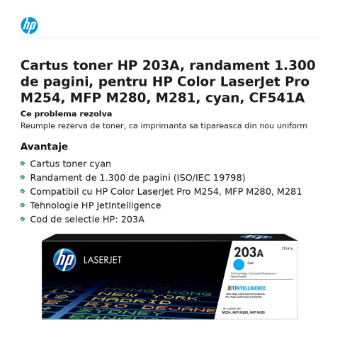 Cartus toner HP 203A, randament 1.300 de pagini, pentru HP Color LaserJet Pro M254, MFP M280, M281, cyan, CF541A [1]