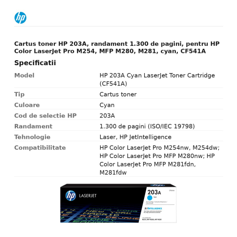 Cartus toner HP 203A, randament 1.300 de pagini, pentru HP Color LaserJet Pro M254, MFP M280, M281, cyan, CF541A [2]