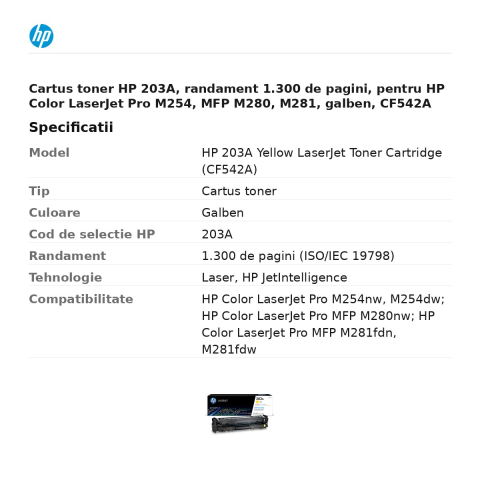 Cartus toner HP 203A, randament 1.300 de pagini, pentru HP Color LaserJet Pro M254, MFP M280, M281, galben, CF542A [2]