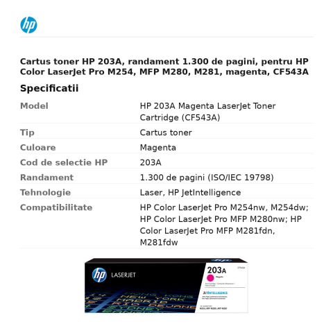 Cartus toner HP 203A, randament 1.300 de pagini, pentru HP Color LaserJet Pro M254, MFP M280, M281, magenta, CF543A [2]