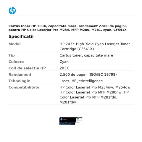 Cartus toner HP 203X, capacitate mare, randament 2.500 de pagini, pentru HP Color LaserJet Pro M254, MFP M280, M281, cyan, CF541X [2]
