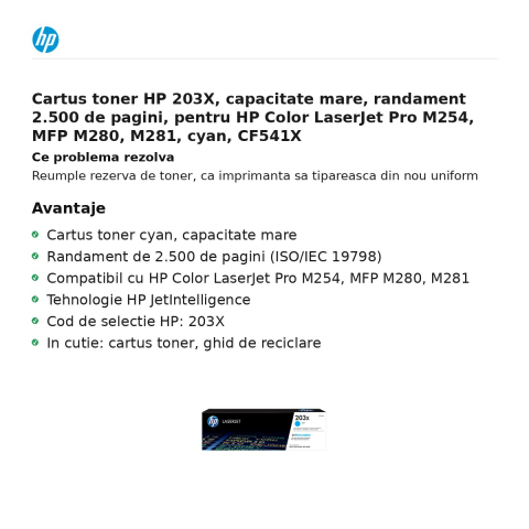 Cartus toner HP 203X, capacitate mare, randament 2.500 de pagini, pentru HP Color LaserJet Pro M254, MFP M280, M281, cyan, CF541X [1]