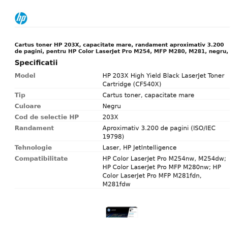 Cartus toner HP 203X, capacitate mare, randament aproximativ 3.200 de pagini, pentru HP Color LaserJet Pro M254, MFP M280, M281, negru, CF540X [2]
